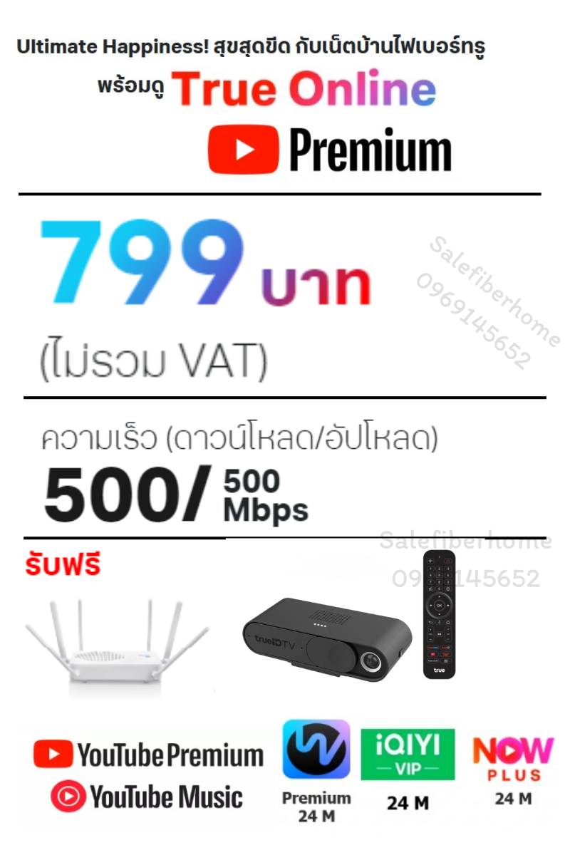ติดเน็ตบ้านทรู เน็ตบ้านพร้อม Youtube 799 สปีด 500/500 Mbps.
