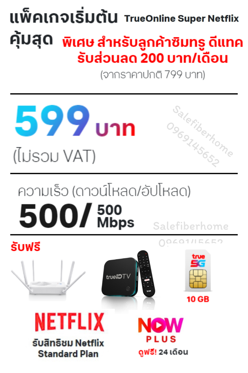 ติดเน็ตบ้านทรู เน็ตบ้านพร้อมส่วนลดลูกค้าทรูดีแทคเหลือ 599 สปีด 500/500 Mbps.