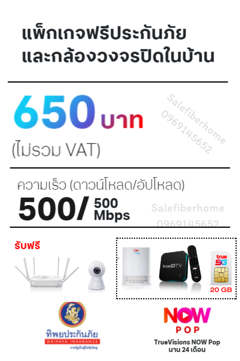 ติดเน็ตบ้านทรู เน็ตบ้านพร้อมประกัน 650 สปีด 500/500 Mbps. พร้อมเลือกอุปกรณ์เพิ่มได้